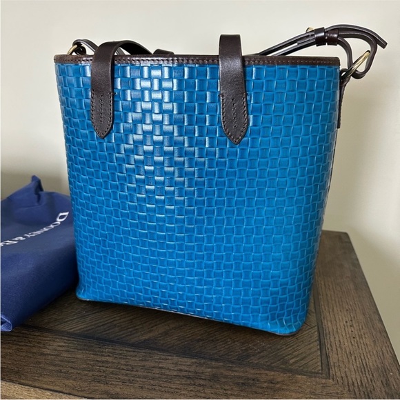 Dooney & Bourke Bright Blue Woven Leather Bucket Bag with Brown Trim - Picture 2 of 13